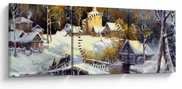 Obraz - Zimní městečko (s hodinami) (90x30 cm)