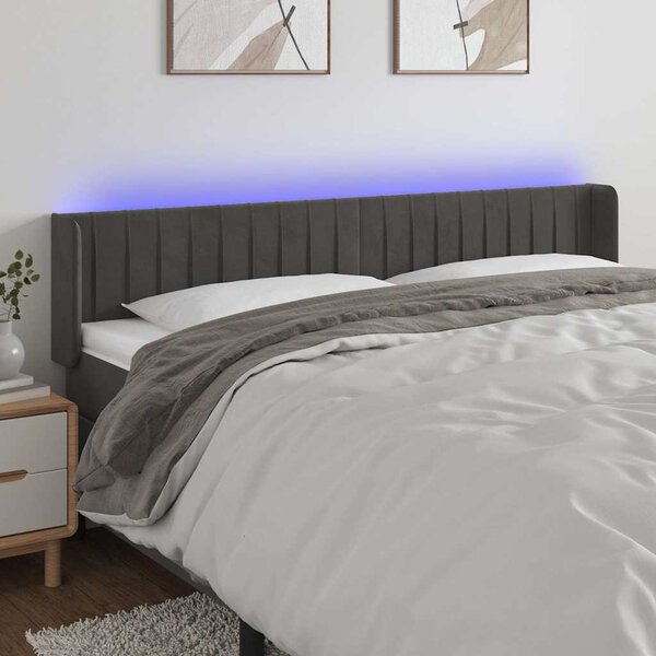 Čelo postele s LED tmavě šedé 163 x 16 x 78/88 cm samet 3123529
