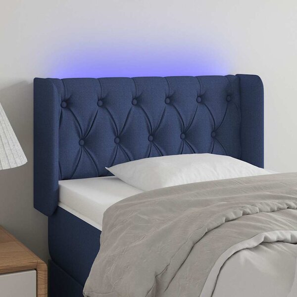 Čelo postele s LED modré 83 x 16 x 78/88 cm textil 3123552