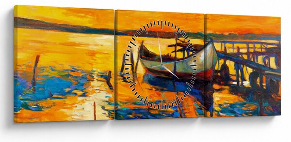 Obraz - Loďka při západu slunce (s hodinami) (90x30 cm)