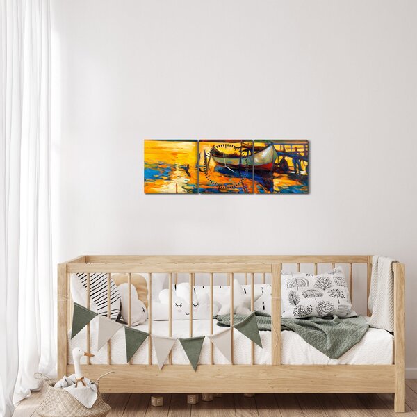 Obraz - Loďka při západu slunce (s hodinami) (90x30 cm)