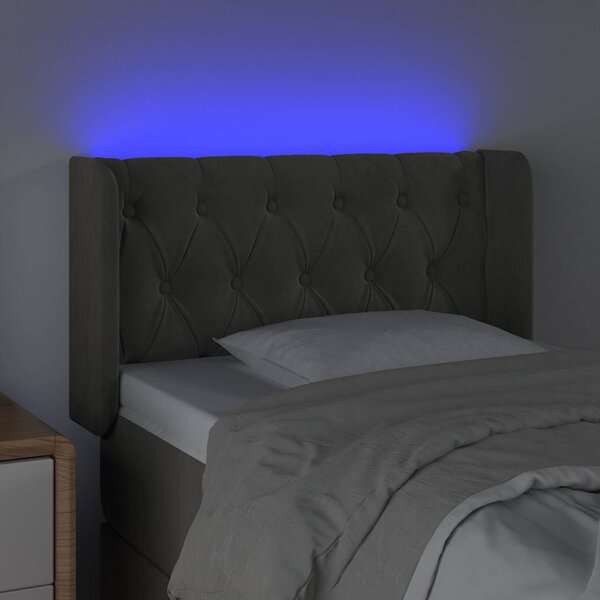 Čelo postele s LED tmavě šedé 83 x 16 x 78/88 cm samet 3123603