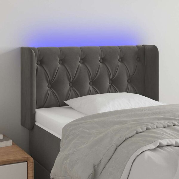 Čelo postele s LED tmavě šedé 83 x 16 x 78/88 cm samet 3123603