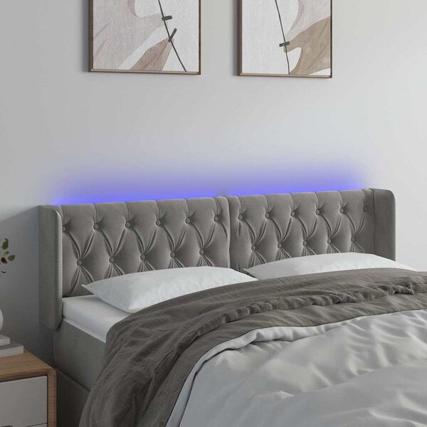 Čelo postele s LED světle šedé 163 x 16 x 78/88 cm samet 3123626
