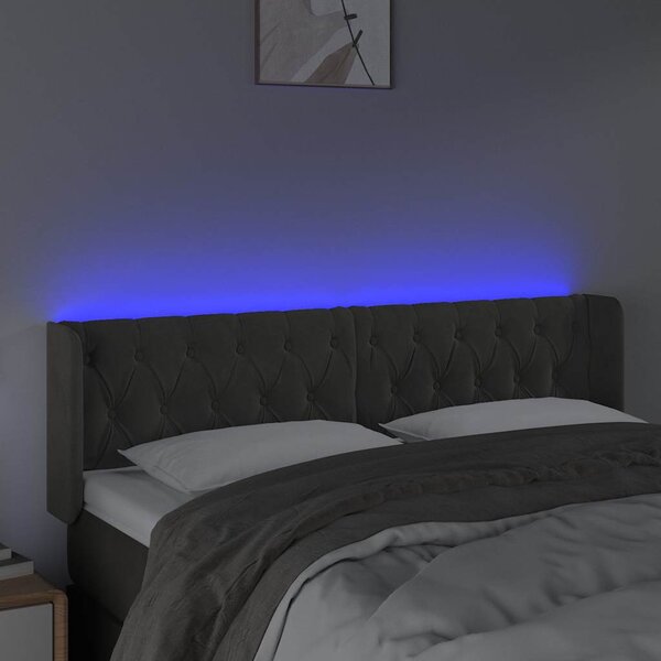 Čelo postele s LED tmavě šedé 147 x 16 x 78/88 cm samet 3123621