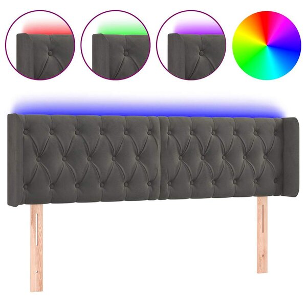 Čelo postele s LED tmavě šedé 147 x 16 x 78/88 cm samet 3123621