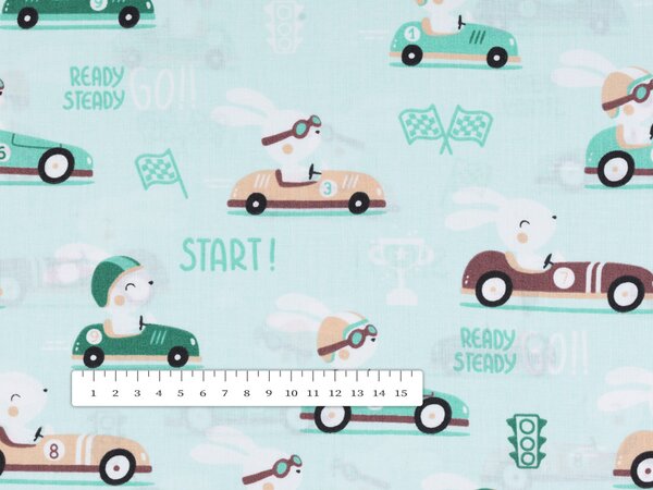 Biante Dětský bavlněný závěs Sandra SA-375 Zaječí automobilové závody na mintovém 150x140 cm