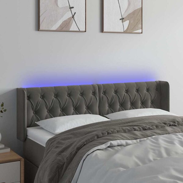Čelo postele s LED tmavě šedé 147 x 16 x 78/88 cm samet 3123621