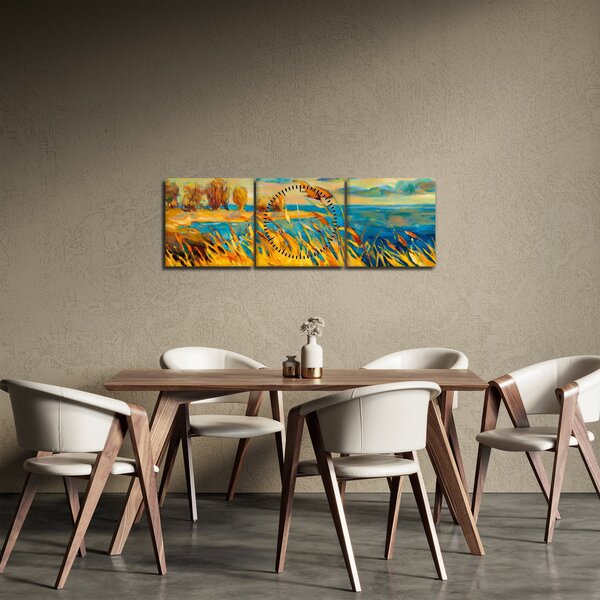 Obraz - Západající slunce nad jezerem, akrylová malba (s hodinami) (90x30 cm)