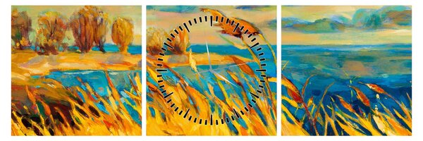 Obraz - Západající slunce nad jezerem, akrylová malba (s hodinami) (90x30 cm)