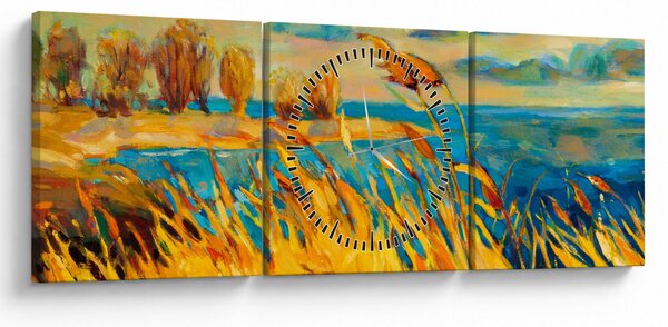 Obraz - Západající slunce nad jezerem, akrylová malba (s hodinami) (90x30 cm)
