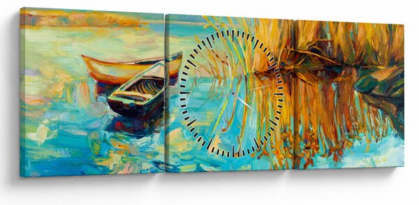 Obraz - Jezero s loďkami (s hodinami) (90x30 cm)