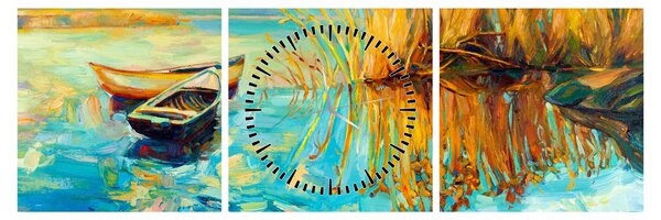 Obraz - Jezero s loďkami (s hodinami) (90x30 cm)