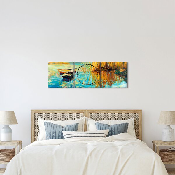Obraz - Jezero s loďkami (s hodinami) (90x30 cm)