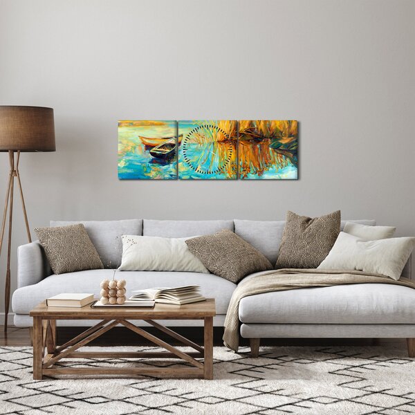 Obraz - Jezero s loďkami (s hodinami) (90x30 cm)
