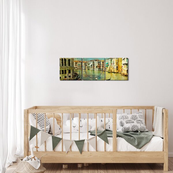 Obraz - Benátský kanál a gondoly (s hodinami) (90x30 cm)