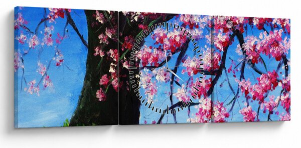Obraz malované rozkvetlé třešně (s hodinami) (90x30 cm)
