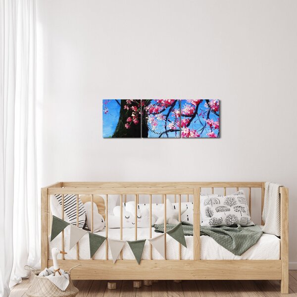 Obraz malované rozkvetlé třešně (s hodinami) (90x30 cm)