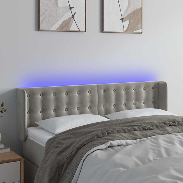 Čelo postele s LED světle šedé 147 x 16 x 78/88 cm samet 3123718