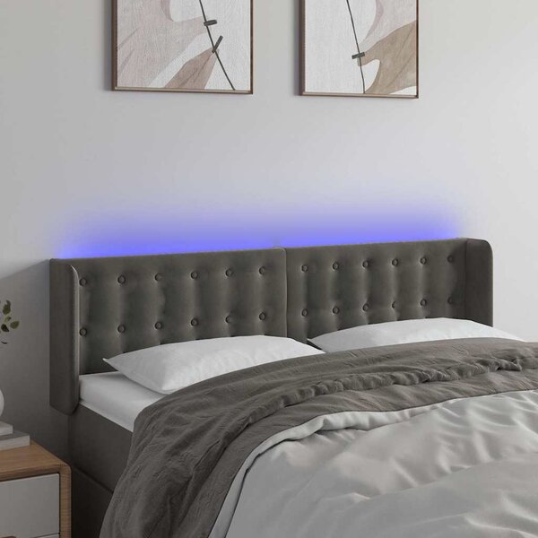 Čelo postele s LED tmavě šedé 147 x 16 x 78/88 cm samet 3123719
