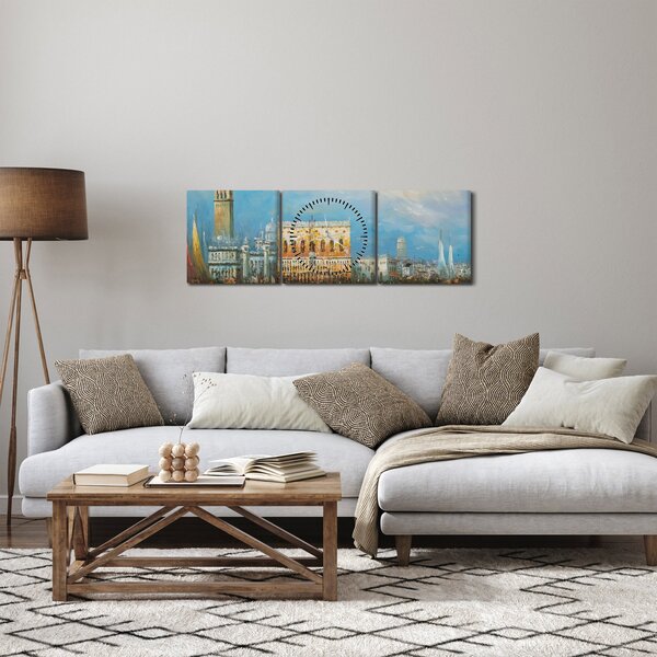 Obraz - Gondola projíždějící Benátkami, olejomalba (s hodinami) (90x30 cm)