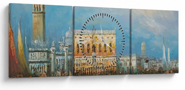 Obraz - Gondola projíždějící Benátkami, olejomalba (s hodinami) (90x30 cm)
