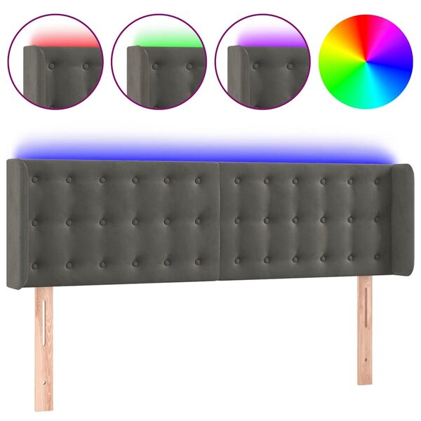 Čelo postele s LED tmavě šedé 147 x 16 x 78/88 cm samet 3123719