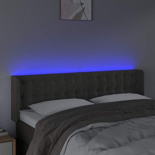 Čelo postele s LED tmavě šedé 147 x 16 x 78/88 cm samet 3123719