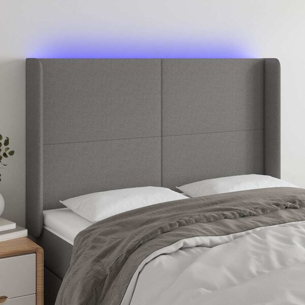 Čelo postele s LED tmavě šedé 147 x 16 x 118/128 cm textil 3123767