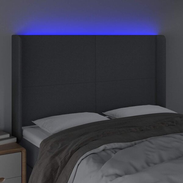Čelo postele s LED tmavě šedé 147 x 16 x 118/128 cm textil 3123767