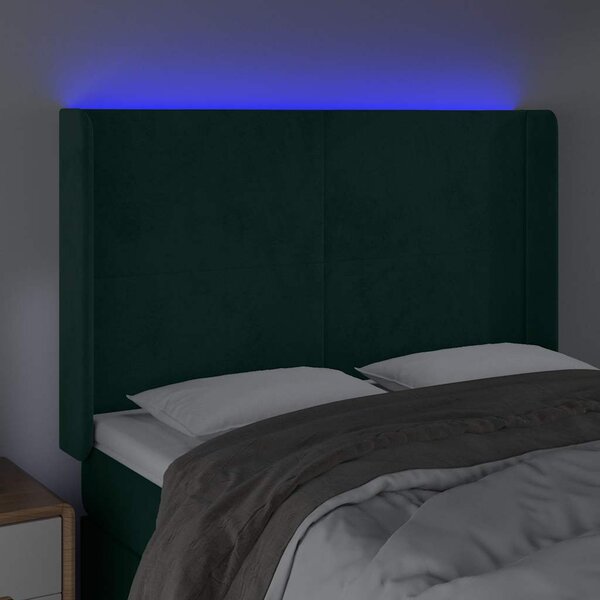 Čelo postele s LED tmavě zelené 147 x 16 x 118/128 cm samet 3123819