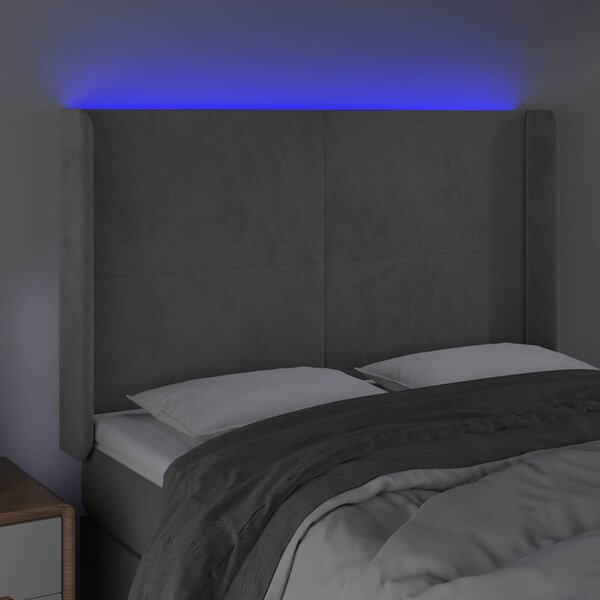 Čelo postele s LED světle šedé 147x16x118/128 cm samet 3123816