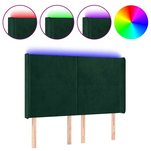 Čelo postele s LED tmavě zelené 147 x 16 x 118/128 cm samet 3123819