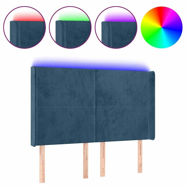 Čelo postele s LED tmavě modré 147 x 16 x 118/128 cm samet 3123820