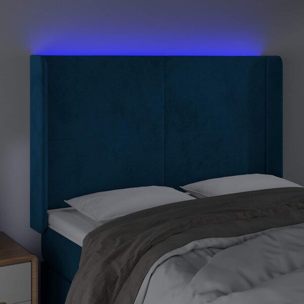 Čelo postele s LED tmavě modré 147 x 16 x 118/128 cm samet 3123820