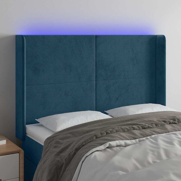 Čelo postele s LED tmavě modré 147 x 16 x 118/128 cm samet 3123820