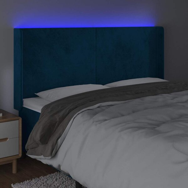 Čelo postele s LED tmavě modré 183 x 16 x 118/128 cm samet 3123832