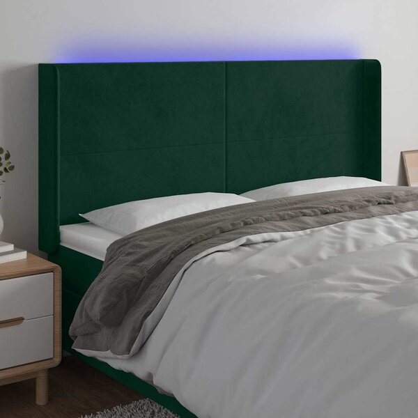 Čelo postele s LED tmavě zelené 163 x 16 x 118/128 cm samet 3123825
