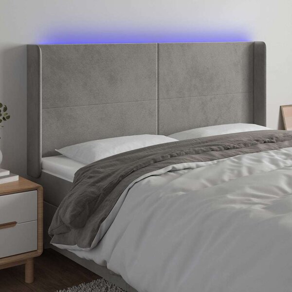 Čelo postele s LED světle šedé 183 x 16 x 118/128 cm samet 3123828
