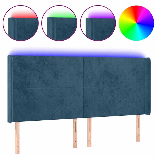 Čelo postele s LED tmavě modré 183 x 16 x 118/128 cm samet 3123832