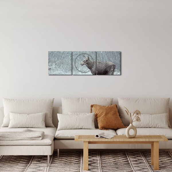 Obraz - Los v zasněženém lese (s hodinami) (90x30 cm)