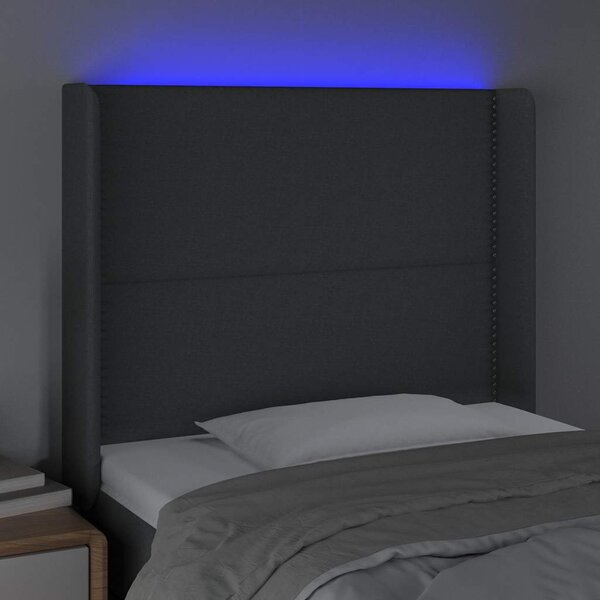 Čelo postele s LED tmavě šedé 103 x 16 x 118/128 cm textil 3123899