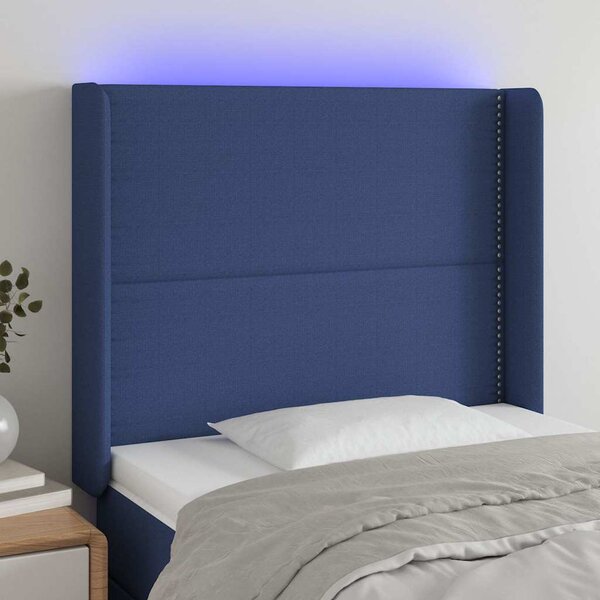 Čelo postele s LED modré 103 x 16 x 118/128 cm textil 3123904