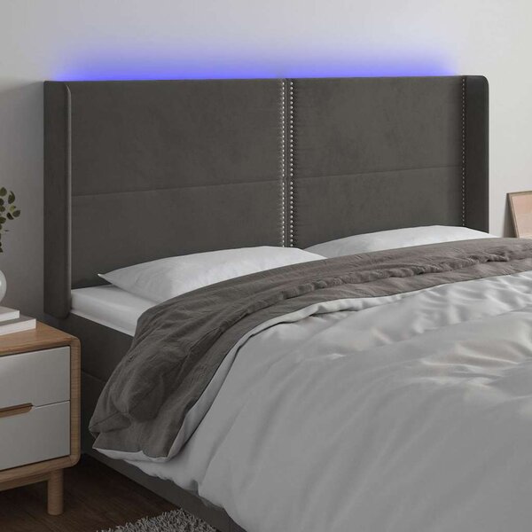 Čelo postele s LED tmavě šedé 203 x 16 x 118/128 cm samet 3123975