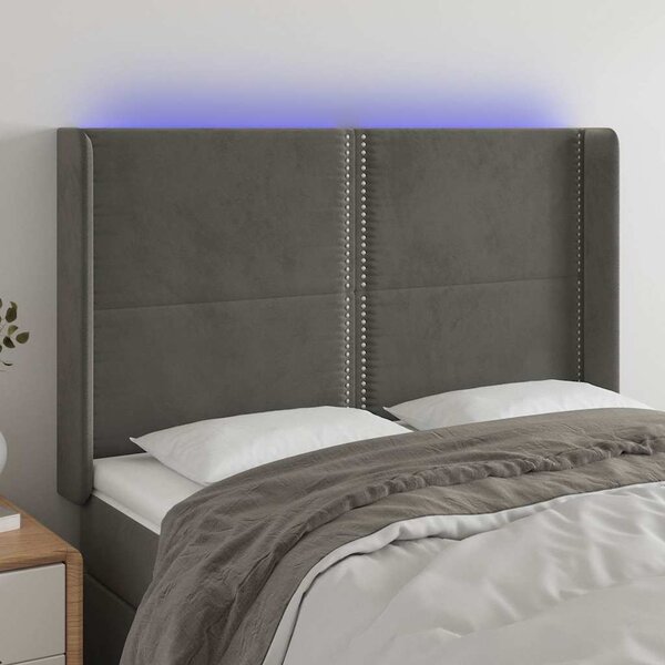 Čelo postele s LED tmavě šedé 147 x 16 x 118/128 cm samet 3123957