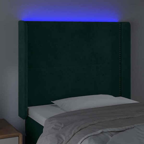 Čelo postele s LED tmavě zelené 103 x 16 x 118/128 cm samet 3123953