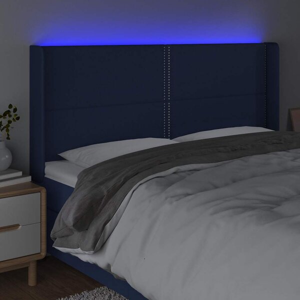 Čelo postele s LED modré 203 x 16 x 118/128 cm textil 3123936