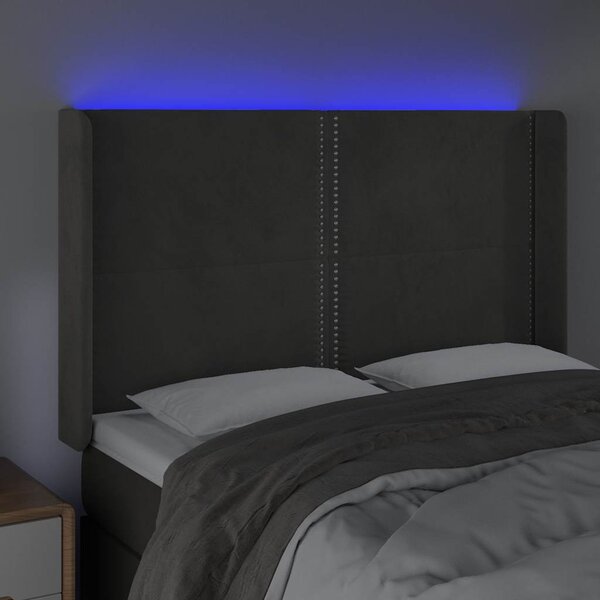 Čelo postele s LED tmavě šedé 147 x 16 x 118/128 cm samet 3123957
