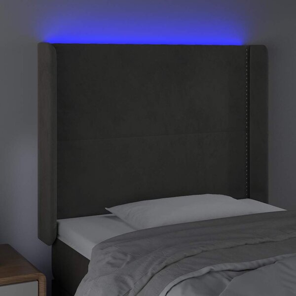 Čelo postele s LED tmavě šedé 103 x 16 x 118/128 cm samet 3123951