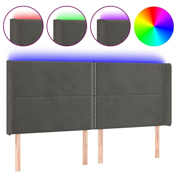 Čelo postele s LED tmavě šedé 203 x 16 x 118/128 cm samet 3123975